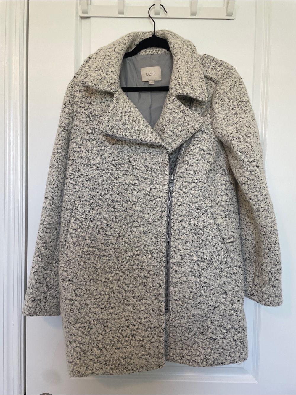 LOFT Ivory-Gray Bouclé Asymmetric Zip Pea Coat
